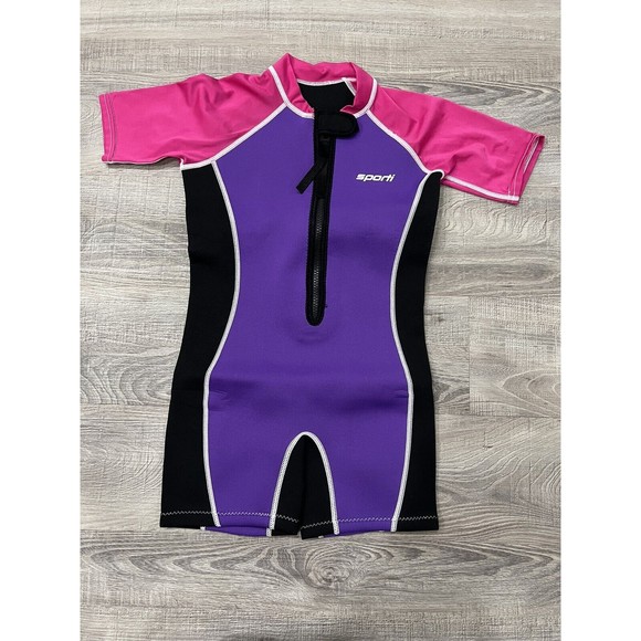 Sporti Girls Shorty Wetsuit Size 7 8 Black Purple Pink Neoprene Swim Zip Front - Picture 1 of 14